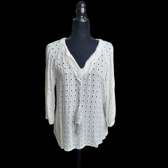 Lavender & Brown Cedric Eyelet Tassel 3/4 Sleeve Blouse Sz S‎ - Picture 1 of 7